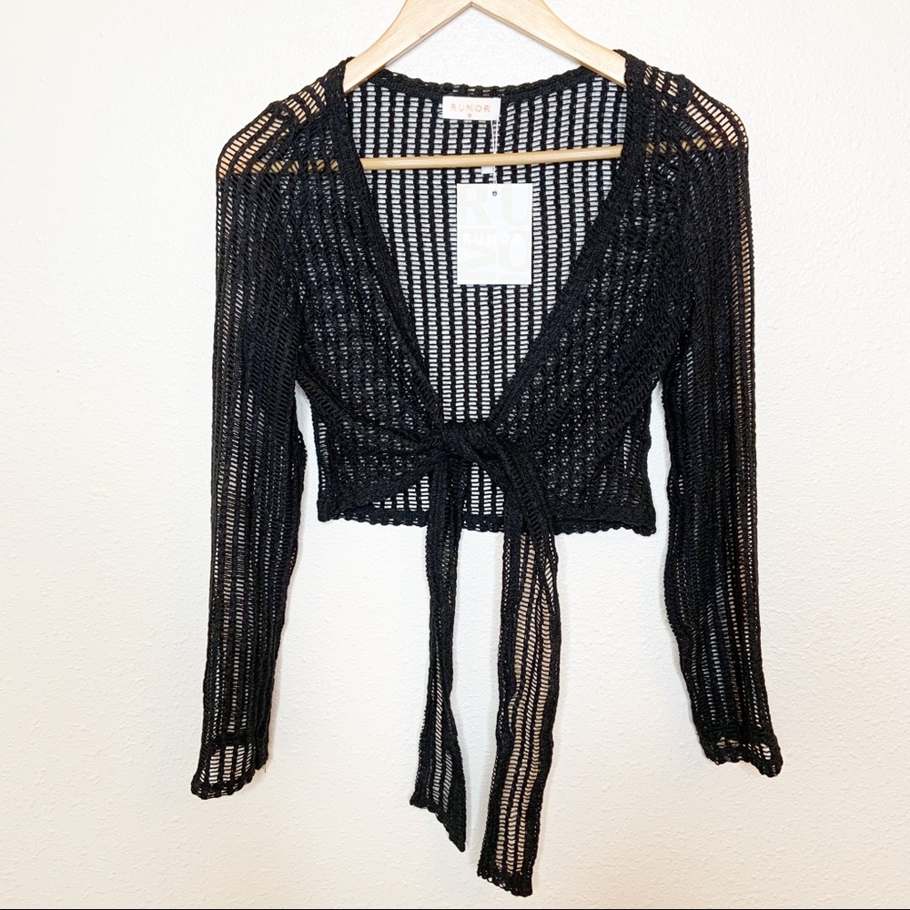 Rumor Black open knit Swim Coverup Tie Front Crop Top Witchy Goth Minimalistic